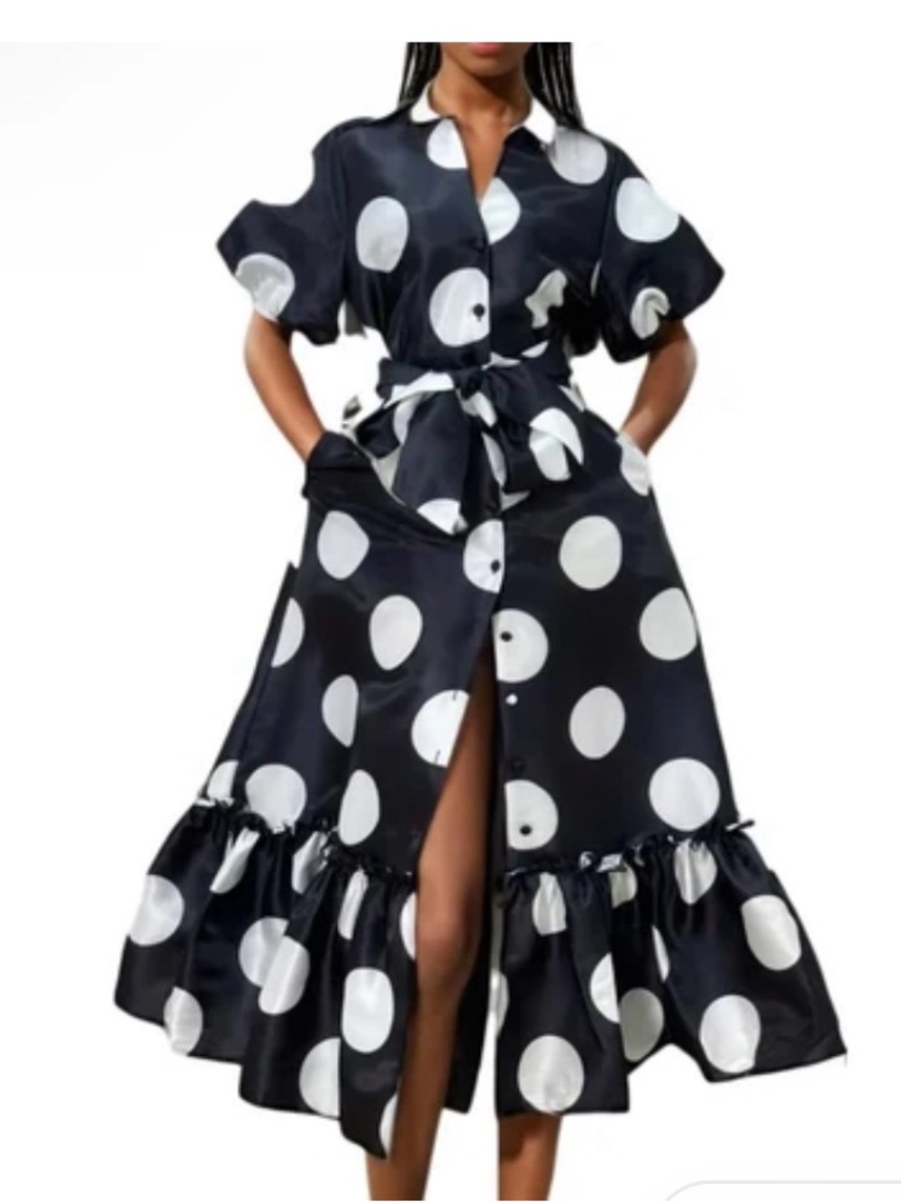 Nancy Yang size XS navy and white polka dot ruffle shirt dress